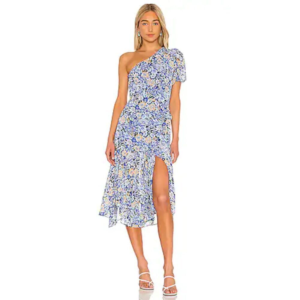 NWT ASTR The Label Blue Floral One Shoulder Midi Dress Ruffle Hem